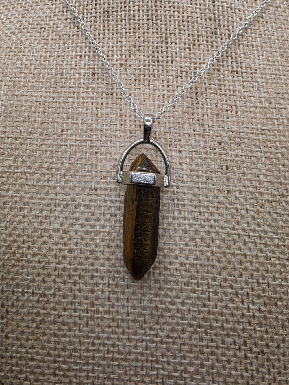 Tiger's Eye Point Pendant Necklace - Silver Tone